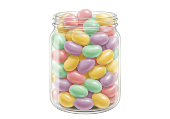Isolated jar filled with colorful jelly beans, delicious sweet candy for Easter or festive events