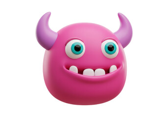 Isolated pink monster head with horns, big teeth, and expressive blue eyes on display