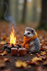 Obraz premium A tiny hedgehog in a warm knitted scarf sits by a miniature campfire. The forest floor around him is covered with autumn leaves, tiny mugs of tea and small berries