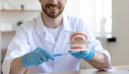 Male dental hygienist demonstrating correct tooth brushing technique on dental model, professional clinical environment, oral health education and hygiene training concept