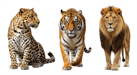 Set of Three Big Cats – Leopard, Tiger, and Lion Isolated on White Background – Powerful Wild Predators from African and Asian Wildlife Showcasing Strength, Elegance, and Majestic Feline Beauty