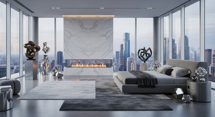 Luxurious modern bedroom with a stunning panoramic city view and a marble fireplace.