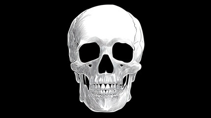 Skull, A simple graphic of a skull on a black background. White shape, Minimalistic design, suitable for a T-shirt print.