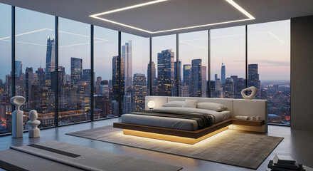 A luxurious modern bedroom with a panoramic view of a city skyline at dusk.