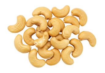Isolated pile of tasty raw cashew nuts, healthy organic snack, edible seed of cashew tree