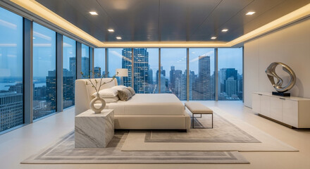 Luxurious modern bedroom with a panoramic view of a city skyline at dusk.
