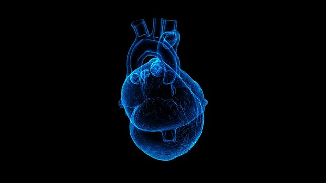 3D Rendering of a Human Heart Illumined in Blue on Black Background