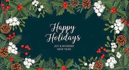 Festive christmas wreath with pine cones holly berries and white flowers framing a dark teal background with happy holidays text and subtle snowflake details for seasonal greetings