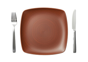 Isolated ceramic plate with stainless fork and knife, kitchen utensil, food serving dish