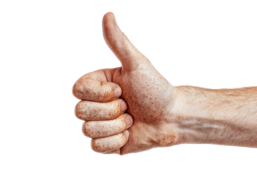A close-up, isolated shot of a right hand giving a thumbs-up sign against a black background