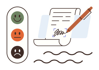 Emotional scale with happy, neutral, and sad faces next to a document being signed with a pen. Ideal for feedback, customer survey, service assessment, user experience, review, rating decision