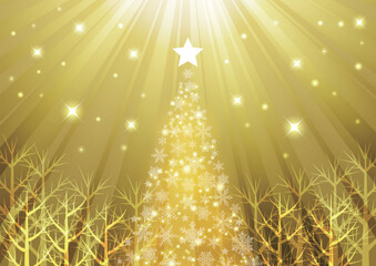 森の中のクリスマスツリー、背景、イラスト、金、横、かわいい、集中線