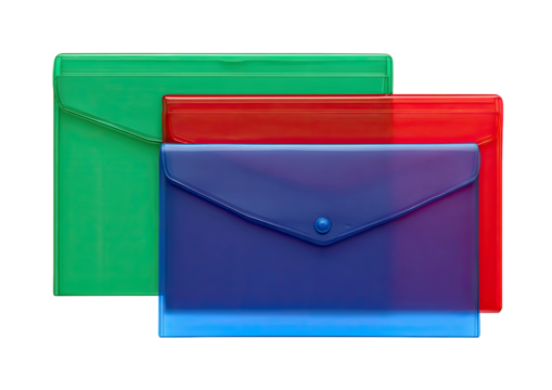 Three colorful plastic document holders stacked against a stark black backdrop - Powered by Adobe