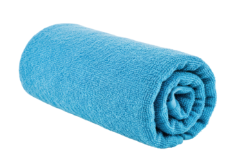 Isolated rolled blue towel, soft cotton for bath, gym, beach, spa, or decorative purposes