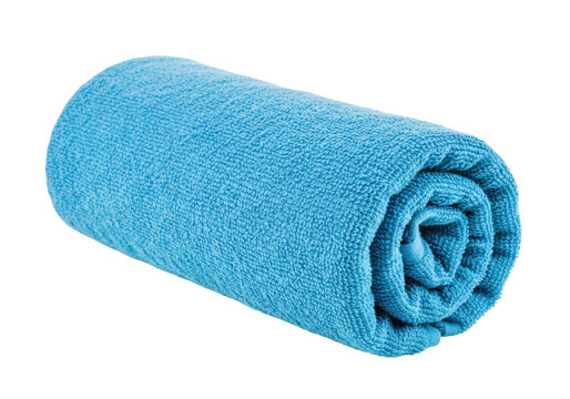 Isolated rolled blue towel, soft cotton for bath, gym, beach, spa, or decorative purposes