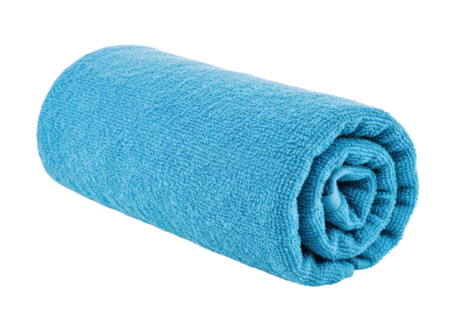 Isolated rolled blue towel, soft cotton for bath, gym, beach, spa, or decorative purposes
