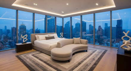 Luxurious modern bedroom with panoramic city views from floor-to-ceiling windows.
