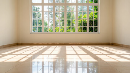 Obraz premium Bright sunlight illuminates spacious room with large windows, casting beautiful shadows polished