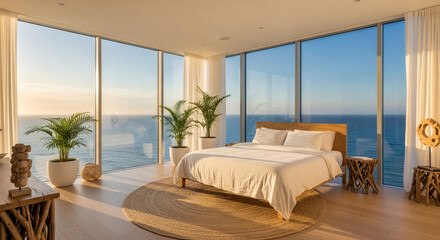 A luxurious bedroom with a large bed and floor-to-ceiling windows overlooking the ocean at sunset.