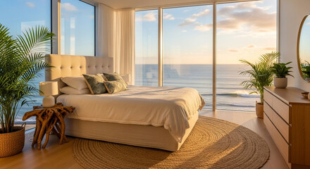 A luxurious bedroom with a large bed and stunning ocean views at sunset.