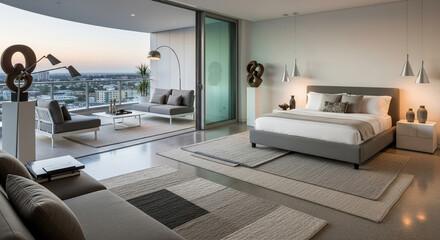 A luxurious modern bedroom with a balcony overlooking a city skyline at dusk, featuring contemporary furniture and decor.