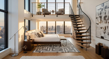Luxurious loft bedroom with a spiral staircase and city skyline view at sunset.