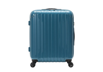 Isolated blue hardshell suitcase on wheels for travel; luggage for vacation, business trip