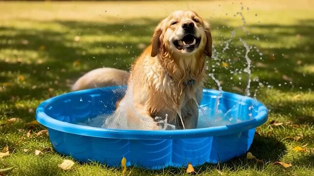 Golden Retriever Splashing in Blue Kiddie Pool on a Sunny Day.