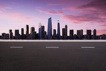 3d rendering empty asphalt road with urban skyline at sunset