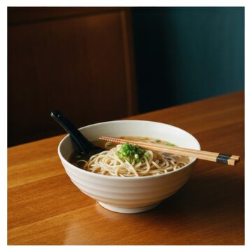 A Bowl Of Ramen Noodles With Chopsticks And A Spoon On A Wooden Table