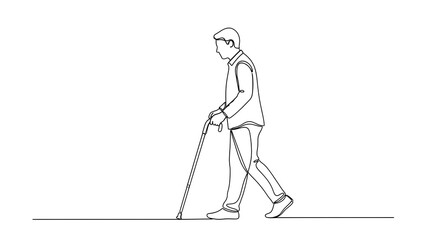 Fototapeta premium A minimalist one-line drawing of a person walking with a cane, outlined in black on a white background.