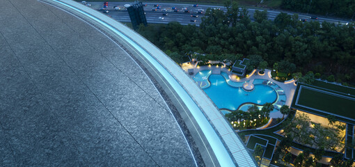 3d rendering modern building rooftop overlooking highway and urban swimming pool