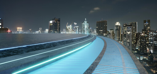3d rendering futuristic city rooftop with blue led light and cityscape at night