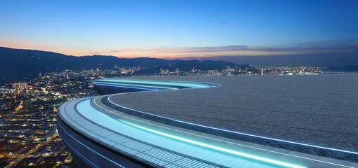 3d rendering futuristic city rooftop with blue led light and cityscape at night