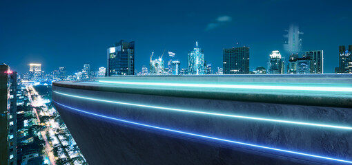 3d rendering futuristic rooftop with blue neon lights overlooking modern city