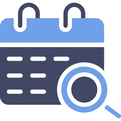 Blue and Dark Gray Calendar Icon with Magnifying Glass Symbol Representing Event Planning and Scheduling Search on Transparent Background