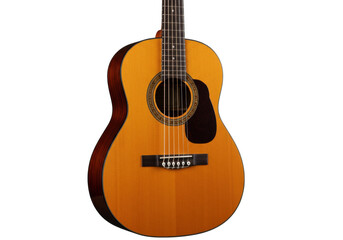 Obraz premium Isolated Acoustic guitar instrument, close-up musical sound box, strings and tuning pegs