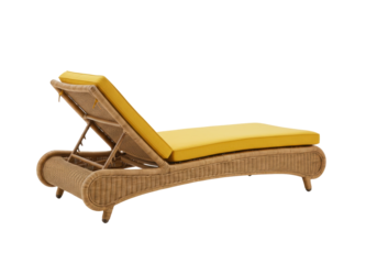 Isolated chaise lounge with yellow cushion. Beautiful sunbathing chair with woven texture
