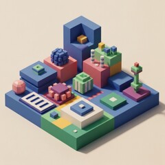 Fototapeta premium Abstract Geometric Composition with Colorful Blocks and Cubes Arranged on a Textured Surface