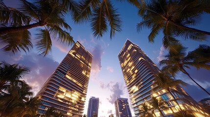 Fototapeta premium Modern skyscrapers palm trees sunset urban landscape architecture city skyline tropical evening