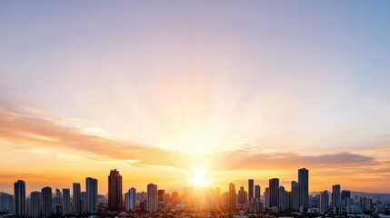 Fototapeta premium Sunrise over city skyline with tall buildings and vibrant colors sky, creating peaceful