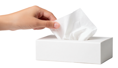 A hand reaching for a tissue from a white rectangular box against a transparent background