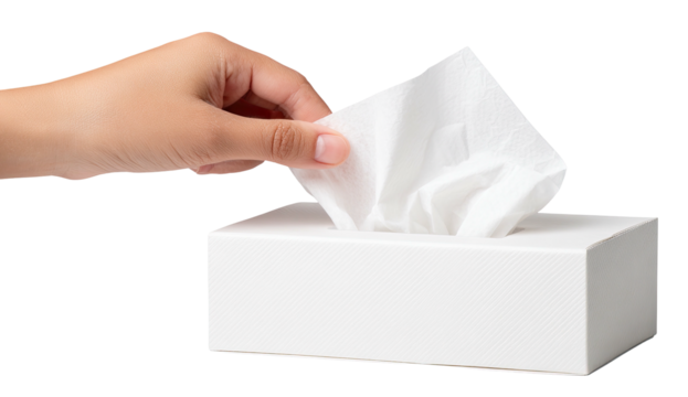 A hand reaching for a tissue from a white rectangular box against a transparent background