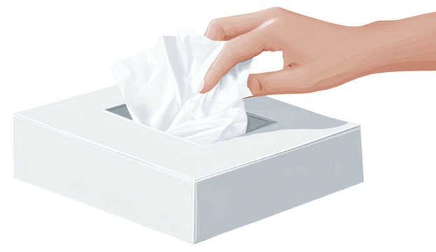 Illustration of a hand reaching for a tissue from a white, rectangular box, on a transparent background
