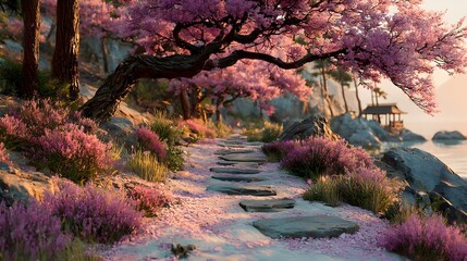 Stone path leading to a gazebo near the water with cherry blossom trees in full bloom on a sunny day