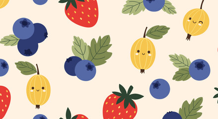 Seamless pattern with cute berries and fruits, including strawberries, blueberries, and gooseberries, on a light background, perfect for fabric, wallpaper, or d