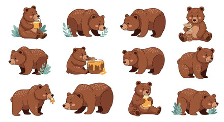 Set of cute brown bears in various poses eating honey.