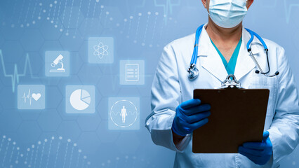 Health professional in clinic with clipboard and medical icons in background