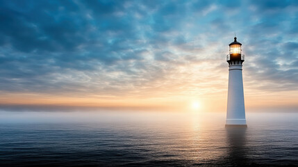 Lighthouse silhouette in mist at sunrise evokes solitude and direction