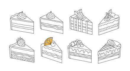 Delicious Assortment of Hand-Drawn Cake Slices with Various Toppings and Layers.